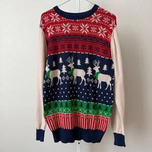 Well Worn sz S Holiday Ugly Christmas Sweater Reindeer Trees Preppy Novelty